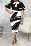 White Elegant Print Patchwork With Bow Contrast Zipper O Neck Pencil Skirt Dresses