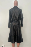Black Street Solid Patchwork Buckle Turndown Collar Long Sleeve Two Pieces