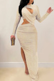 Silver Sexy Solid Hollowed Out Patchwork Slit O Neck Irregular Dress Dresses