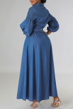 Blue Casual Solid Patchwork Buckle With Belt Shirt Collar Three Quarter High Waist Loose Denim Dresses