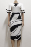 White Elegant Print Patchwork With Bow Contrast Zipper O Neck Pencil Skirt Dresses