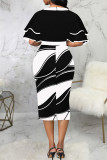 Black Elegant Print Patchwork With Bow Contrast Zipper O Neck Pencil Skirt Dresses