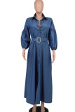Blue Casual Solid Patchwork Buckle With Belt Shirt Collar Three Quarter High Waist Loose Denim Dresses