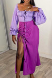 Purple Sweet Solid Patchwork Draw String Slit Fold Square Collar Long Sleeve Two Pieces