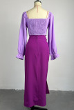 Purple Sweet Solid Patchwork Draw String Slit Fold Square Collar Long Sleeve Two Pieces