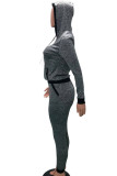 Grey Casual Patchwork Pocket Zipper Hooded Collar Long Sleeve Two Pieces