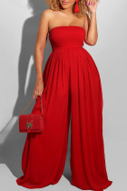 Red Casual Solid Patchwork Fold Strapless Loose Jumpsuits