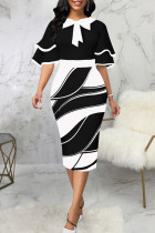Black Elegant Print Patchwork With Bow Contrast Zipper O Neck Pencil Skirt Dresses
