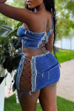 Blue Sexy Solid Hollowed Out Patchwork Pocket Cross Straps Strapless Sleeveless Two Pieces