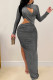 Silver Sexy Solid Hollowed Out Patchwork Slit O Neck Irregular Dress Dresses