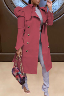Rose Red Street Solid Bandage Patchwork Buckle Turndown Collar Outerwear