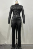 Black Sexy Solid Patchwork Pocket Zipper Zipper Collar Long Sleeve Two Pieces