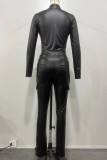 Black Sexy Solid Patchwork Pocket Zipper Zipper Collar Long Sleeve Two Pieces