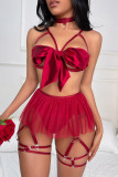 Rose Red Solid Hollowed Out Patchwork With Bow Lingerie