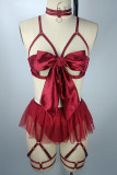 Rose Red Solid Hollowed Out Patchwork With Bow Lingerie