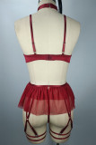 Burgundy Solid Hollowed Out Patchwork With Bow Lingerie