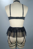 Black Solid Hollowed Out Patchwork With Bow Lingerie
