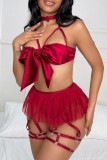 Burgundy Solid Hollowed Out Patchwork With Bow Lingerie