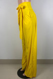 Yellow Casual Solid Patchwork Pocket With Bow Loose High Waist Wide Leg Solid Color Bottoms