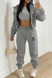 Grey Casual Print Letter Hooded Collar Long Sleeve Three Pieces
