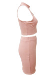 Pink Elegant Hollowed Out Patchwork Hot Drill O Neck Sleeveless Two Pieces