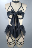 Black Solid Hollowed Out Patchwork With Bow Lingerie