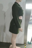 Olive Green Casual Solid Patchwork Draw String Pocket Buttons Chains Zipper Zipper Collar Long Sleeve Two Pieces