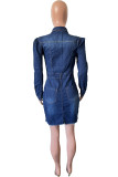 Deep Blue Elegant Solid Patchwork Pocket Buckle Turndown Collar Long Sleeve Regular Denim Dresses