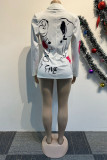 White Casual Work Daily Elegant Simplicity Mixed Printing Printing Turn-back Collar Outerwear