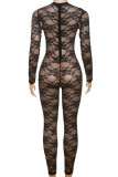 Black Sexy Street Solid Patchwork See-through Zipper O Neck Skinny Jumpsuits