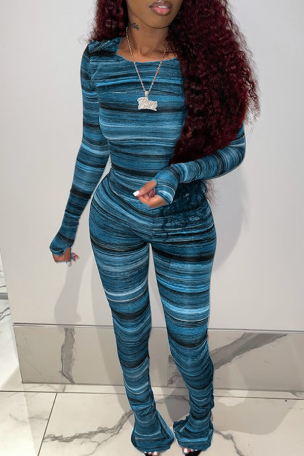 Blue Casual Print Patchwork O Neck Long Sleeve Two Pieces