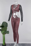 Red Street Floral Hollowed Out Patchwork O Neck Skinny Jumpsuits