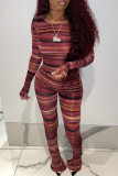 Burgundy Casual Print Patchwork O Neck Long Sleeve Two Pieces