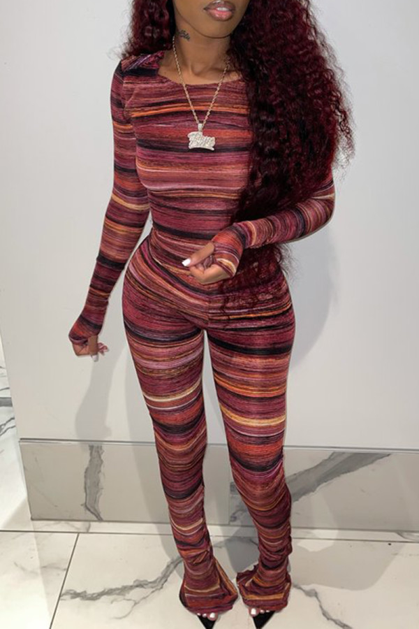 Burgundy Casual Print Patchwork O Neck Long Sleeve Two Pieces