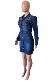 Deep Blue Elegant Solid Patchwork Pocket Buckle Turndown Collar Long Sleeve Regular Denim Dresses