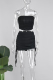 Black Sexy Solid Patchwork Draw String Fold Strapless Sleeveless Two Pieces