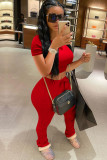 Red knit Sexy Solid Patchwork Two Piece Suits Straight Short Sleeve 