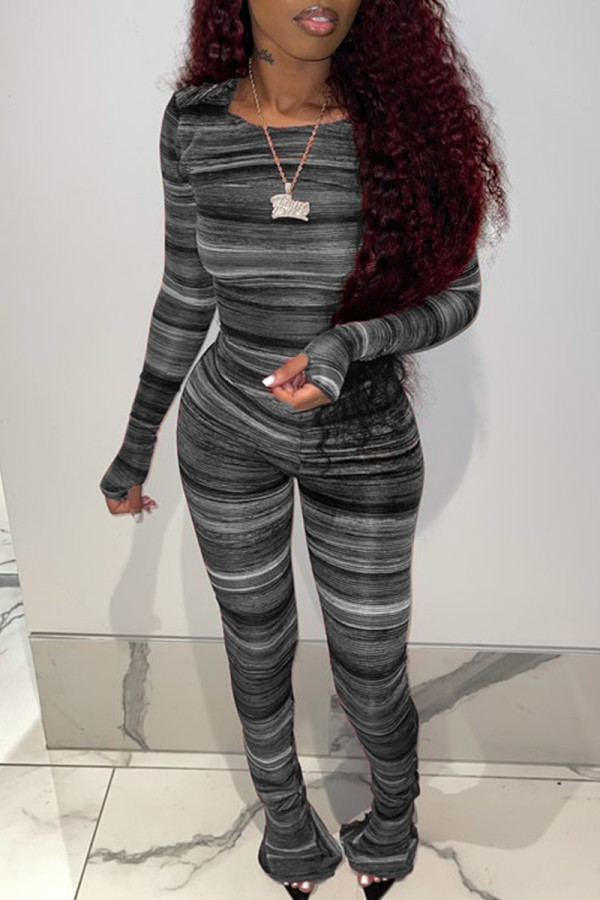 Grey Casual Print Patchwork O Neck Long Sleeve Two Pieces