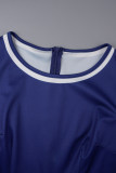 Navy Blue Elegant Geometric Patchwork Zipper O Neck A Line Dresses