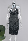 Apricot Elegant Hot Drilling Patchwork Feathers O Neck Wrapped Skirt Dresses