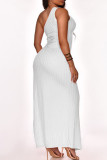 White Street Solid Bandage Patchwork Draw String High Opening One Shoulder Long Dress Dresses