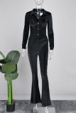 Black Sweet Solid Patchwork Buckle Fold Turndown Collar Long Sleeve Two Pieces
