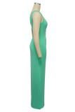 Mint green Street Solid Bandage Patchwork Draw String High Opening One Shoulder Long Dress Dresses