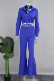 Blue Elegant Solid Patchwork Buckle Cross Straps Shirt Collar Long Sleeve Two Pieces