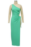 Mint green Street Solid Bandage Patchwork Draw String High Opening One Shoulder Long Dress Dresses