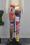 Red Street Print Patchwork Skinny Mid Waist Conventional Positioning Print Bottoms