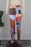 Red Street Print Patchwork Skinny Mid Waist Conventional Positioning Print Bottoms