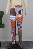 Red Street Print Patchwork Skinny Mid Waist Conventional Positioning Print Bottoms