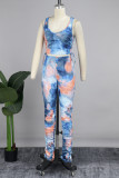 Blue Casual Print Patchwork Draw String U Neck Sleeveless Two Pieces