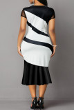 Black White Elegant Color Block Patchwork O Neck Trumpet Mermaid Plus Size Dresses